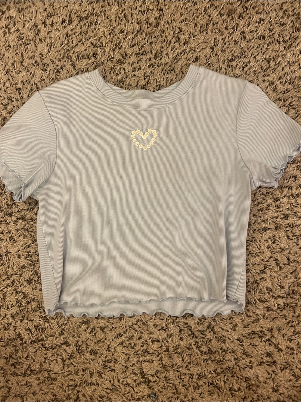 Light Blue Ribbed Crop Top with Sequin Heart